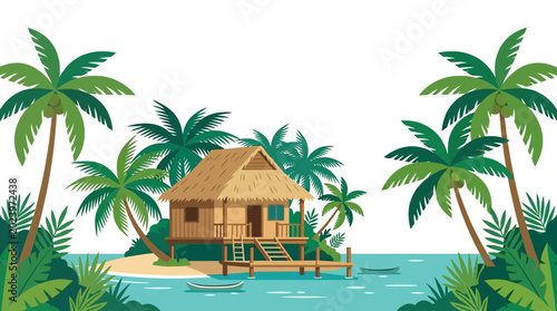 Foto A tropical wooden bungalow on stilts over water.