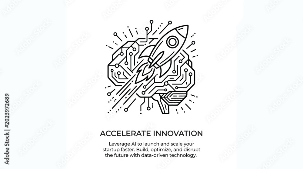 Obraz premium Artificial Intelligence Brain Rocket Line Art Innovation Concept.