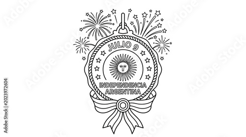 Schilderij op canvas Argentina Independence Day commemorative badge with sun symbol and fireworks