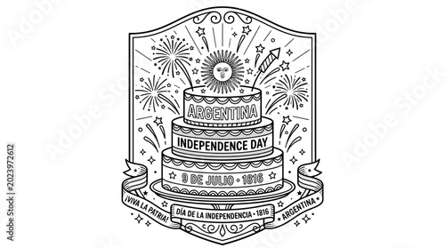 Canvastavla Argentina Independence Day commemorative badge with cake and fireworks