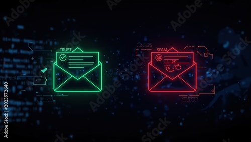 Futuristic interface showing approved emails and spam messages - Message and internet theme.