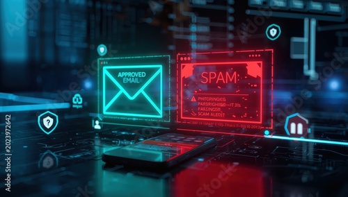 Futuristic display showing approved emails and spam messages - Messaging and internet theme