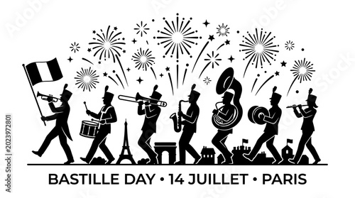 Bild auf Leinwand Bastille Day marching band silhouette with fireworks and Paris landmarks