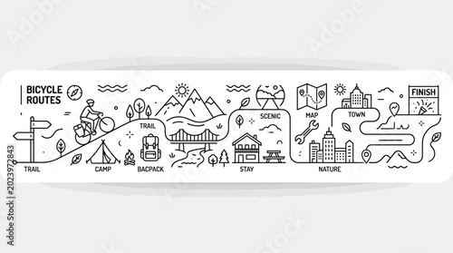 Bild auf Leinwand Bicycle Routes Adventure Concept Hand Drawn Line Art Illustration