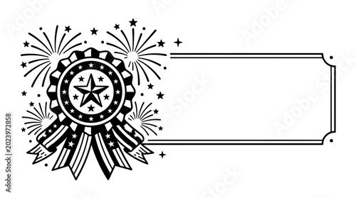 Foto Black and white award rosette with star and fireworks frame.