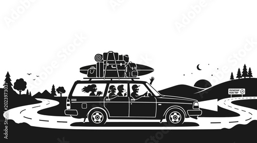 Foto Black and white illustration of a family traveling in a station wagon car