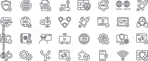 Bild auf Leinwand VPN and cyber security line icon set, virtual private network, data privacy and