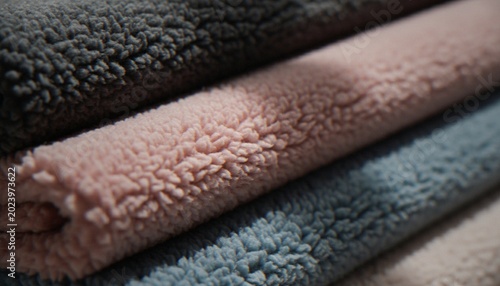 Fotografía A close-up shot of folded pieces of colorful, soft, sherpa fleece fabric stacked together, highlighting their cozy, textured surfaces in shades of gray, pink, and blue