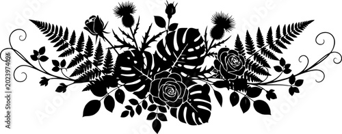 Black floral border, victorian botanical frame, leafy foliage illustration, decorative floral arrangement