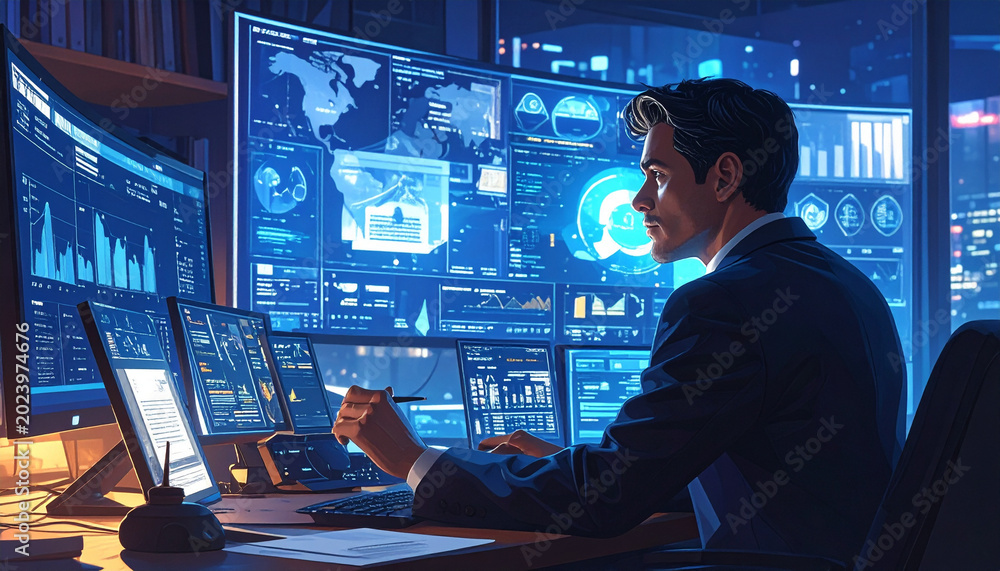 Fototapeta premium Professional data analyst working in a futuristic digital operations center.