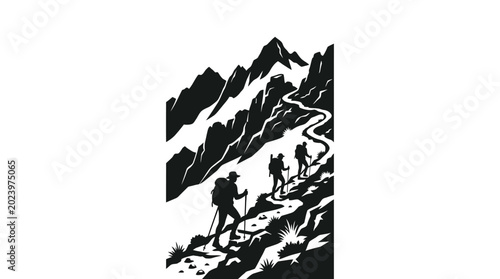 Foto Black and white illustration of hikers climbing a mountain trail.