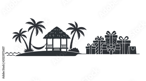 Bild auf Leinwand Black silhouette illustration of a tropical island beach hut with gifts