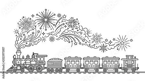 Bild auf Leinwand Coloring page featuring a vintage steam train with festive fireworks smoke