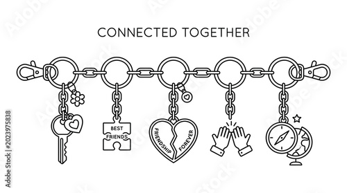 Connected together keychain set with various friendship symbols and charms.