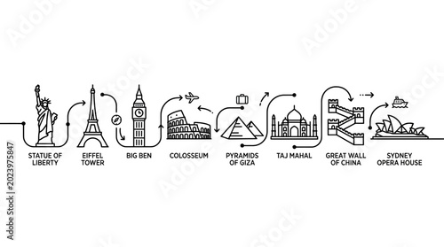 Photos Continuous line art illustration featuring world famous travel landmarks and monuments