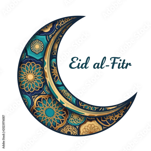 Crescent Moon with Eid alFitr Text Design.