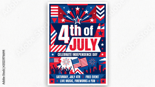 Patriotic graphic poster for Independence Day celebration, featuring festive fireworks, stars, and a lively crowd silhouette, ideal for national holiday events