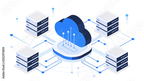 Tableau sur toile Abstract illustration of a cloud computing network connecting multiple servers and data storage units, representing digital infrastructure and data flow