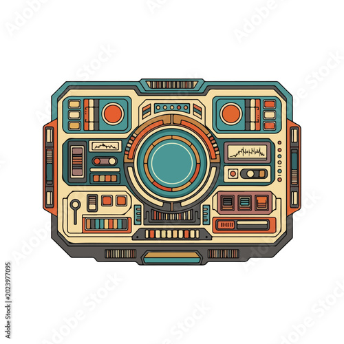Futuristic Control Panel with Various Buttons and Dials.
