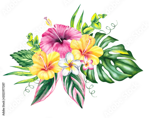 Tropical bouquet with hibiscus flowers. Botanical bouquet of summer tropical flowers for design cards, invitations and branding. Tropical plant hibiscus