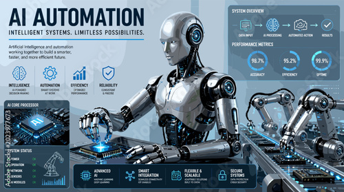 Tableau sur toile AI Automation: Intelligent Systems, Limitless Possibilities, showcasing advanced robotics and artificial intelligence in a futuristic industrial setting