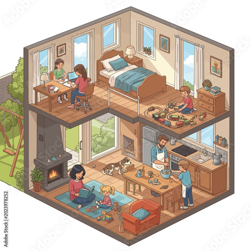 Family life in a modern house with children playing and adults working.
