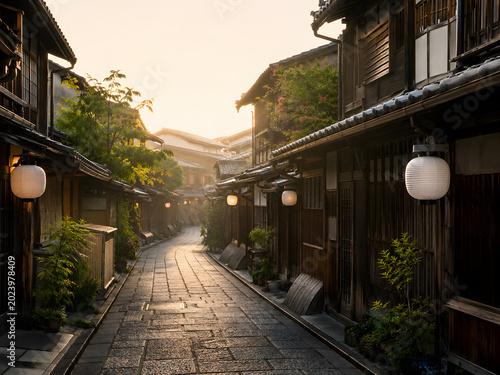 Tableau sur toile Peaceful Narrow Stone Alley in Kyoto Early Morning with Traditional Wooden Machi