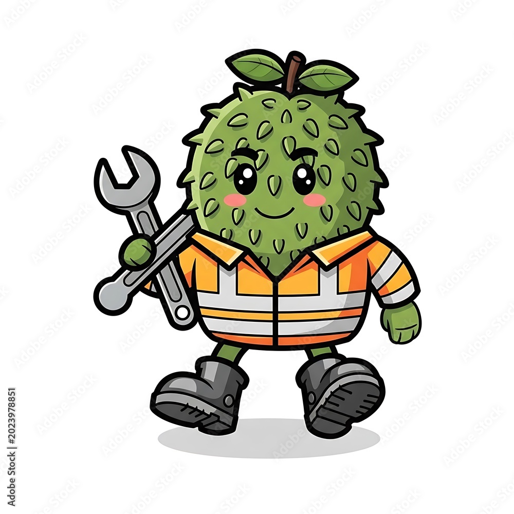 Fototapeta premium Cartoon-style illustration featuring a spiky green fruit character in work clothes holding a wrench, standing