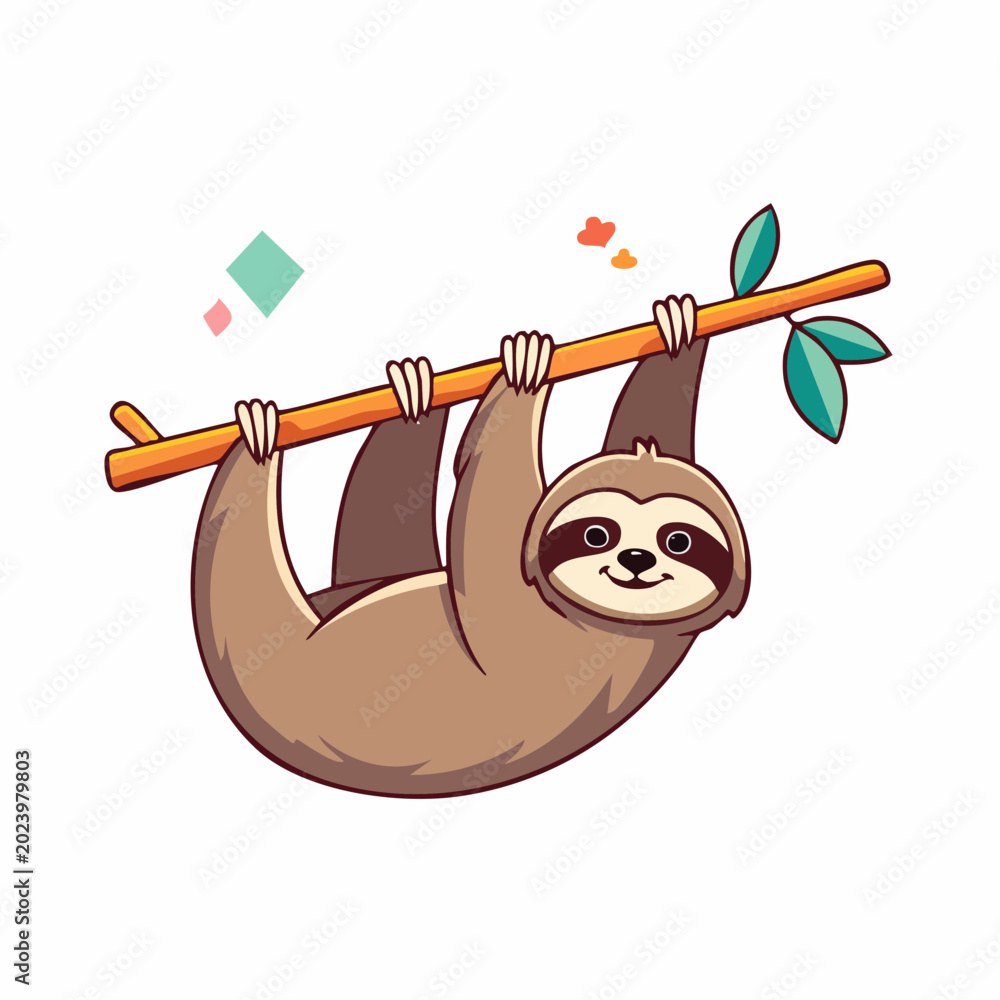 Fototapeta premium Cute cartoon sloth hanging from a tree branch