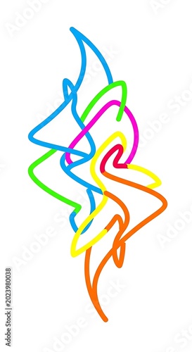 Colorful, abstract intertwined lines forming a symmetrical, flowing design on a white background, suggesting movement and energy