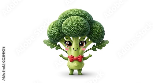 Charming animated broccoli character with a bow tie, smiling with big eyes, and leafy arms, set against a clean white backdrop
