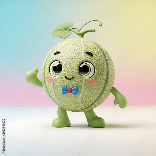 Charming cartoon rendition of a cantaloupe melon character with a happy expression and gesture, set against a colorful gradient backdrop