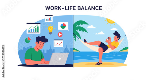 Work-Life Balance - Man Working on Laptop and Relaxing on Beach Hammock.