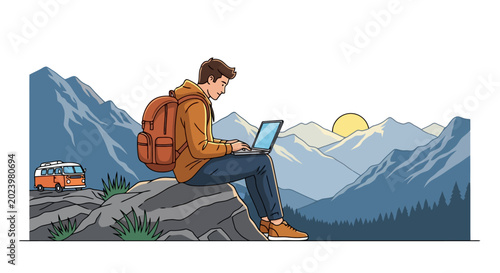 Young man with backpack working on laptop outdoors.