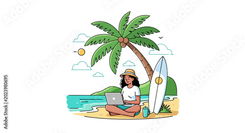 Woman working remotely on a laptop at a tropical beach.