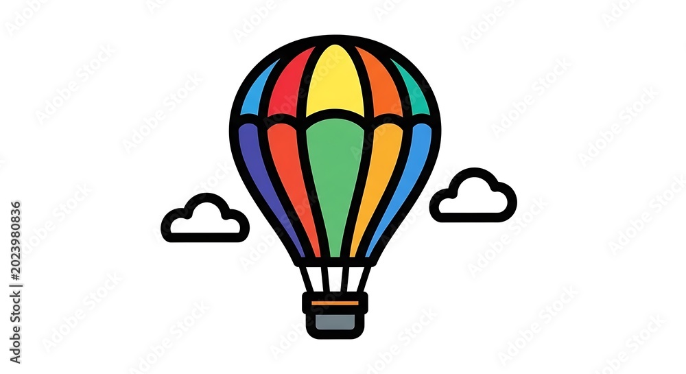 Naklejka premium Colorful vector illustration of a hot air balloon, rendered with bold outlines and a playful palette. Two simple cloud shapes flank the ascent craft