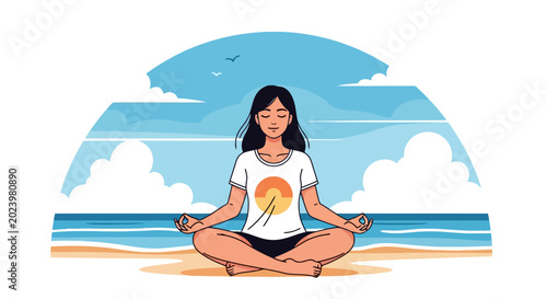 Young woman meditating in lotus pose, finding inner peace and tranquility.