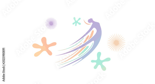 Abstract figure with flowing rainbow trails and colorful starbursts.
