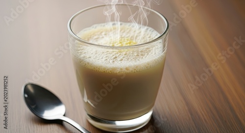 A steaming glass of a frothy beverage with a spoon on a wooden table.