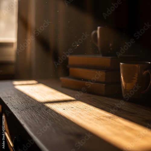 Close-up of sunlight illuminating a wooden surface with a stack of books and a mug. Warm, inviting ambiance with soft focus