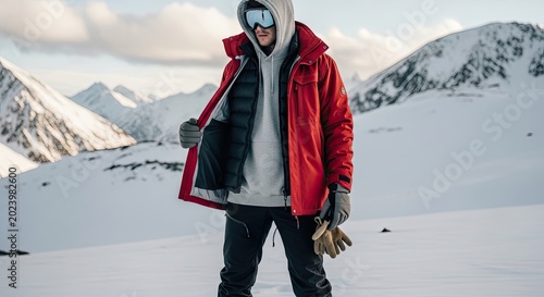 Man in Red Jacket and Goggles in Snowy Mountain Landscape.