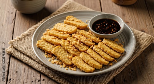 Crispy Fried Tempeh Slices Served with Savory Dipping Sauce.