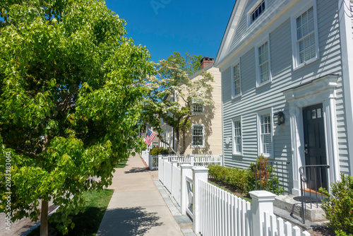 A row of houses on a tree-lined sidewalk on Main Street in the New England town of Essex, CT in spring