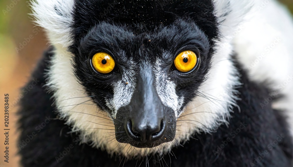 Fototapeta premium A close-up of a lemur's face with large yellow eyes