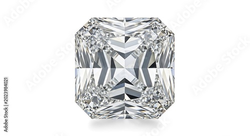 Close-up studio shot of a sparkling, faceted, square-cut gemstone, reflecting light against a white background, highlighting its brilliance