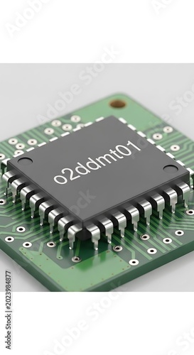 Close-up view of a microchip circuit board with integrated components. Focus on a central gray chip with light text and surrounding green board