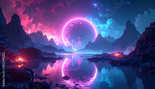 Vibrant neon moonlit fantasy landscape scene.
