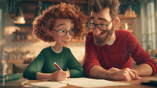 Couple studying together at cafe.