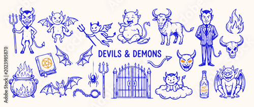 Photos Devils and Demons Collection: A whimsical and devilish collection of hand-drawn illustrations featuring a variety of demonic creatures, mythical beings, and supernatural elements