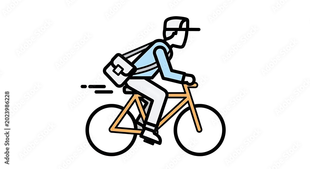 Fototapeta premium Simplified illustration of a person riding a bicycle at speed, with a shoulder bag. It?s a flat design in a limited color palette
